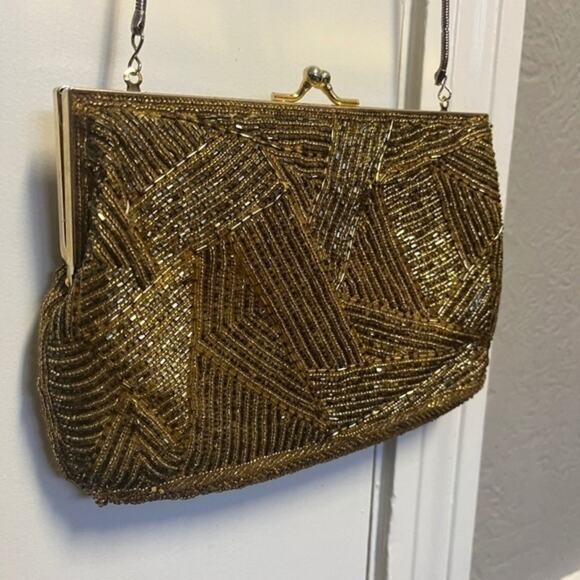 Vintage Handbags - Vintage 1980s GOLD Geometric Beaded Luxury Designer Evening Bag Pristine 1
